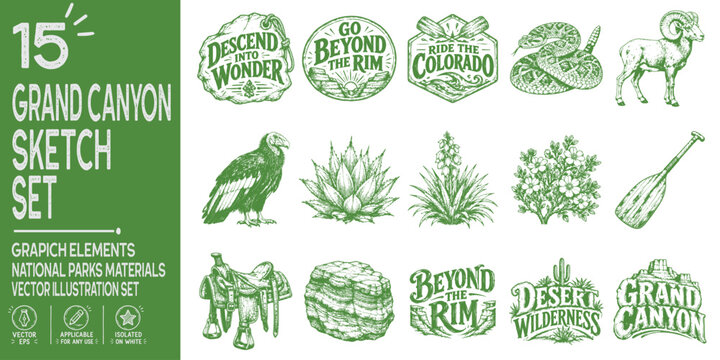 Grand Canyon National Park Arizona Travel Graphic Elements Set, Mule Trip, Colorado River Rafting, Condor, Desert Wildlife, Flora and Geology Illustrations for Posters, Flyers and Tourism