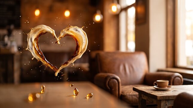 Floating heart shape made of splashing coffee and milk in cozy cafe with leather armchair and warm hanging lights