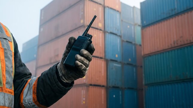 Worker holding walkie talkie in shipping container yard