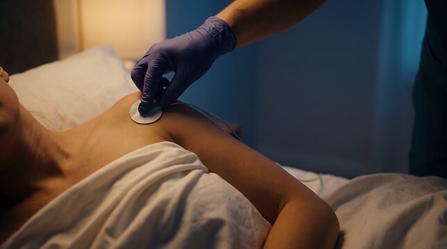 Doctor attaching electrode to patient shoulder for medical test