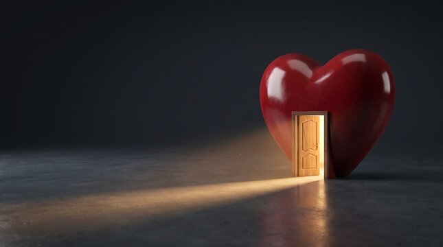 Glossy red 3D heart with open wooden door glowing with warm light on dark concrete floor symbolizing love and welcome