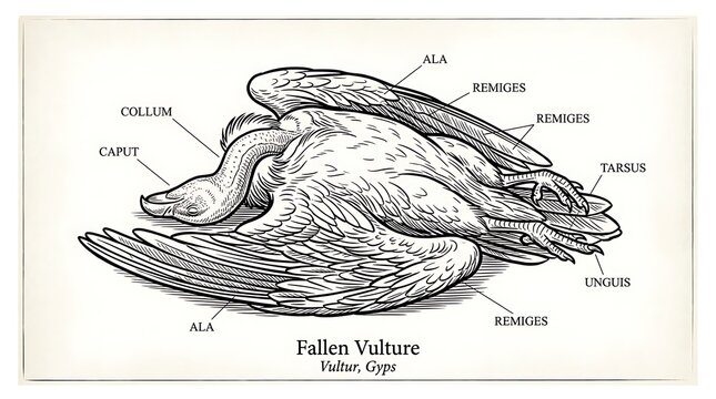 Vintage Scientific Woodcut Illustration of a Fallen Vulture with Latin Anatomical Labels