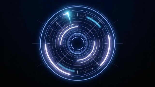 HUD, Technology interface loading with glowing blue circular elements and futuristic data rings spinning inside dark digital cyberspace environment for future sci-fi software design.