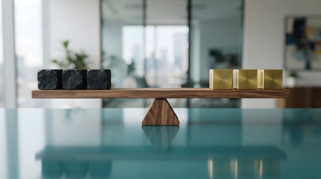 Wooden seesaw perfectly balancing three rough black stone cubes and three polished gold metallic blocks on a reflective surface in a modern office, representing business stability and value equality.