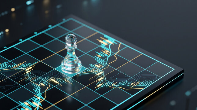 Clear glass chess pawn standing on glowing digital stock chart grid, concept for business strategy, trading and market analysis