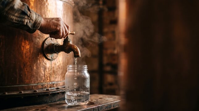 Distillery worker collecting spirit from copper still