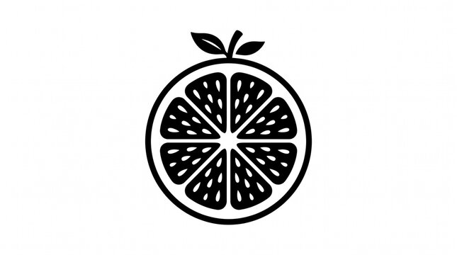 Black and white citrus fruit slice vector icon with leaves