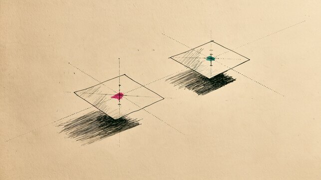 Ink drawing of two floating squares with crosshair marks and shadows on perspective lines, with generous copy space