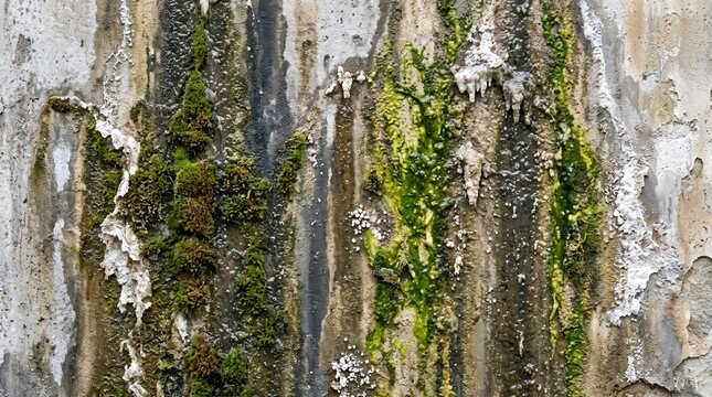 Weathered Concrete Wall with Moss and Mineral Deposits