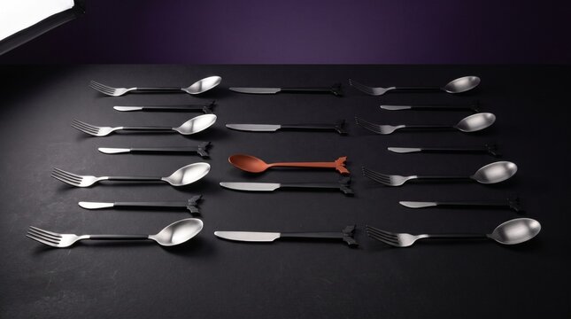 A unique wooden spoon standing out among a grid of silver cutlery items on a dark surface, symbolizing individuality and uniqueness