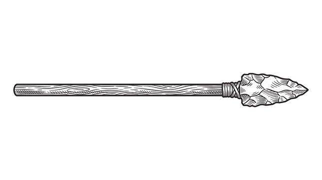 Hand Drawn Engraving Style Prehistoric Spear with Flint Stone Arrowhead and Wooden Shaft Illustration