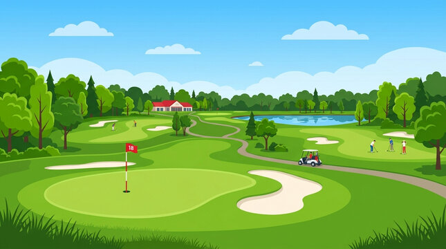 Scenic golf course landscape with players and green fairway