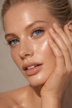Close-up of a person with glowing skin and blue eyes, touching their face.