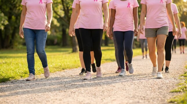 Low angle view of women walking in charity walk on park path