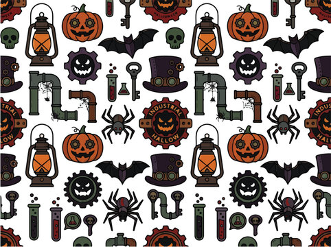 Industrial steampunk Halloween seamless pattern featuring pumpkins gears and bats for spooky holiday party decor and seasonal fabric design
