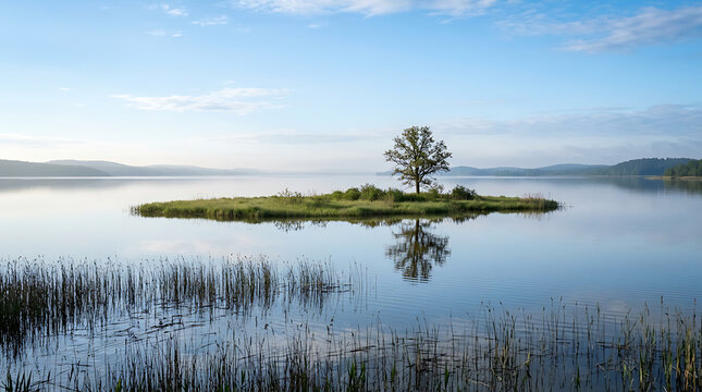 Lone tree on a small island in a calm lake