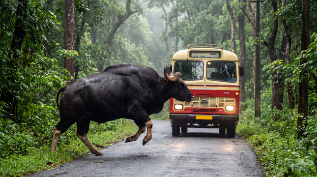 Large Indian gaur running across forest road in front of vintage passenger bus in dense green jungle