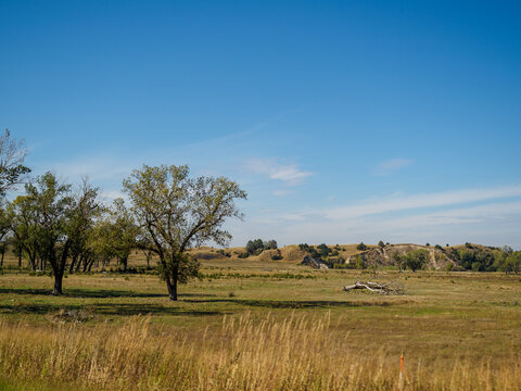 Midwest prairie landscape with scattered trees and rolling hills under a blue sky. Ideal for rural travel, environmental concepts, and agricultural themes.