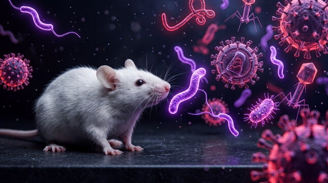 White laboratory mouse surrounded by glowing virus cells and bacteria, medical research and pathogen testing concept