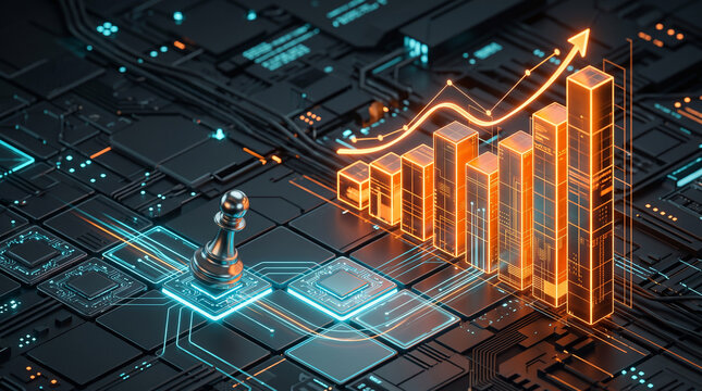Metallic chess pawn on digital circuit board with glowing orange bar charts and trend arrow, concept for strategic planning, fintech and AI growth