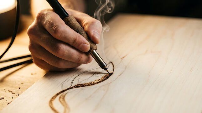 Artist using wood burning tool on wooden surface