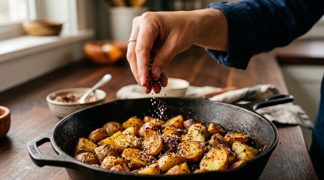 Sprinkling Herbs on Roasted Potatoes in Cast Iron Skillet