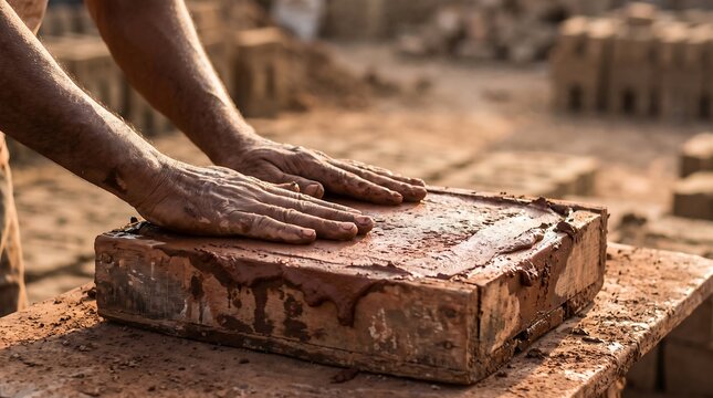 Hands shaping clay brick in traditional brickyard