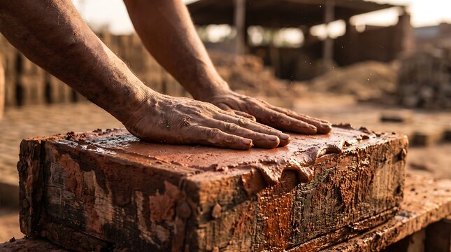 Hands shaping wet clay brick in sunlight