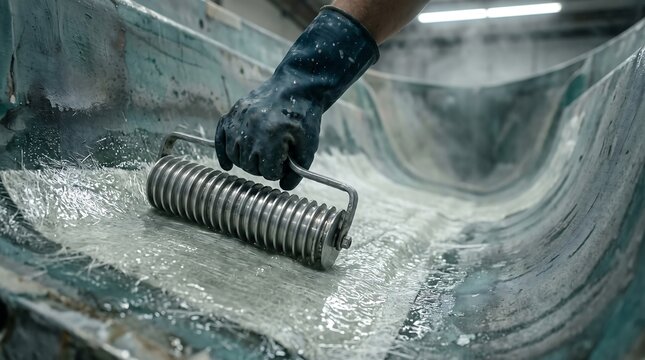 Fiberglass boat hull construction with roller tool