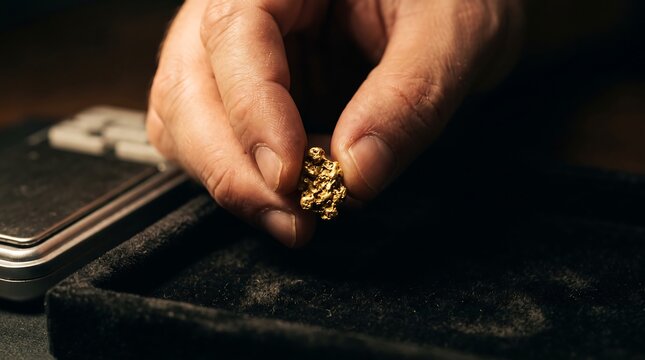 Hand holding a gold nugget near a scale