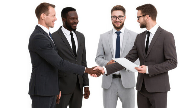 Diverse business team shaking hands and reviewing contract document