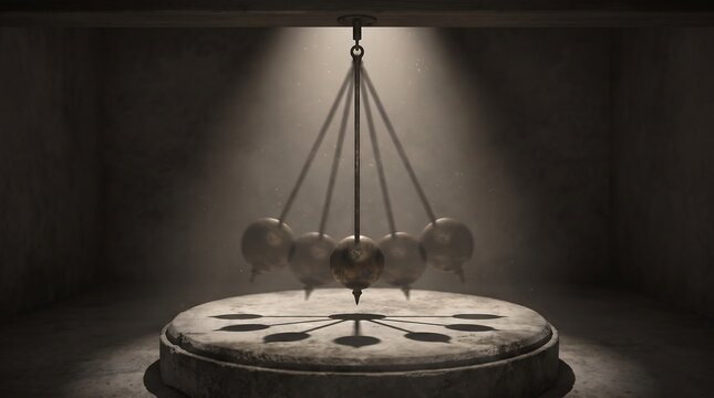 A pendulum with multiple spheres swings rhythmically above a circular stone pedestal in a dark room.