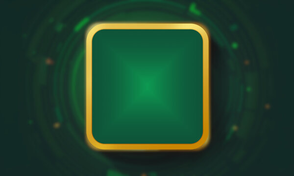 a dark green circular lined setting enclosing a golden bordered rounded square empty icon module floating against a brightly glowing technical abstract scenery