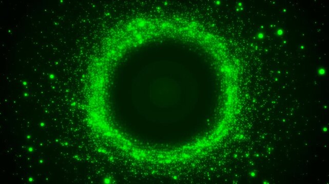 Green particles moving in a ring around an empty center area where text can be placed.