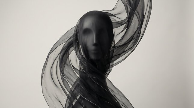 A black mannequin head is draped with flowing black sheer fabric, creating an abstract and ethereal portrait.