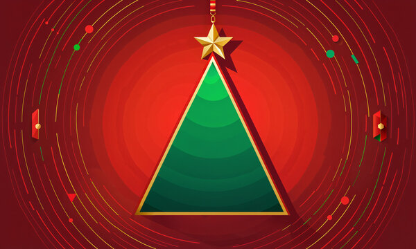 green triangular christmas tree with gold star hanging from ribbon on red circular background with scattered dots and shapes