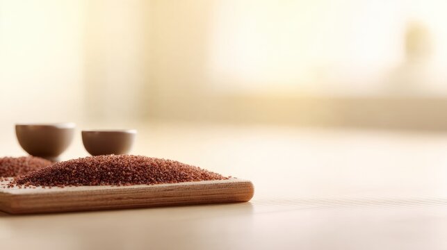 Dried grape pomace fragments on stone slab with ceramic dishes, natural organic product concept