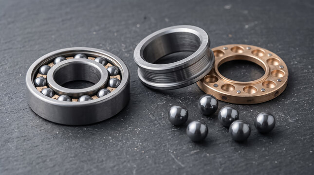 Disassembled metal ball bearings with steel balls and internal rings for industrial machinery repair and mechanical engineering maintenance projects