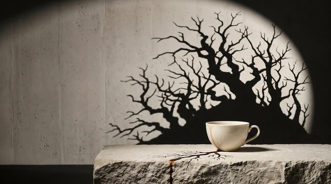 A single white teacup sits on a stone block with a dark tree shadow projected on the wall.