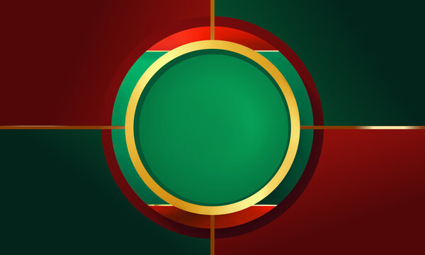 green circle with multiple gold concentric rings centered on red and green quadrant background with thin gold lines