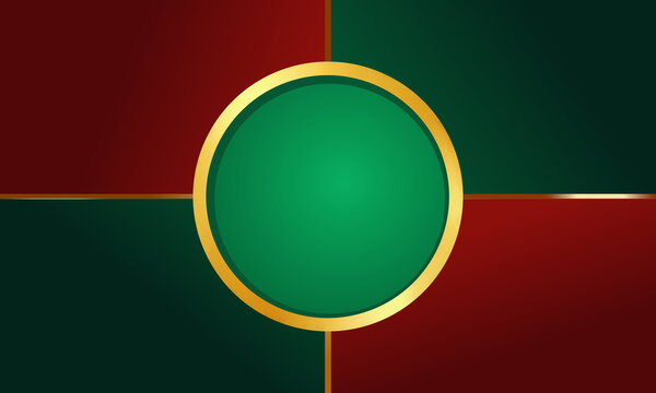 green circle with thick gold ring centered on red and green quadrant background with thin gold cross lines