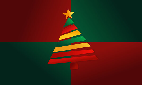 layered christmas tree with gold star and red trunk on red and green quadrant background