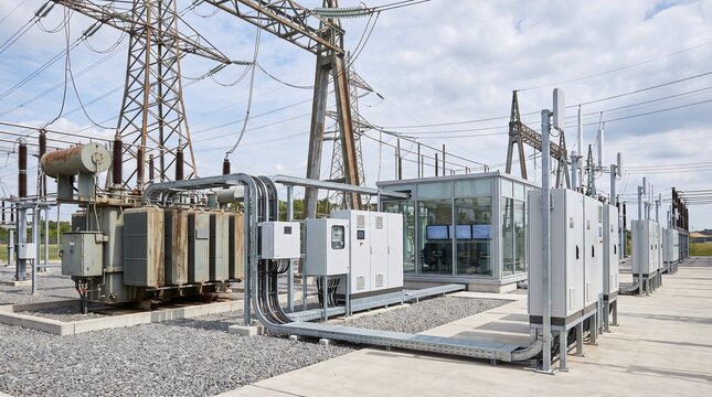 Electric Power Substation with Transformers and High Voltage Lines