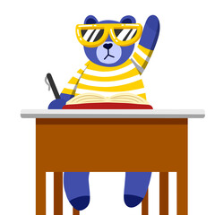 Cool bear raising his hand at school desk  © Enggar