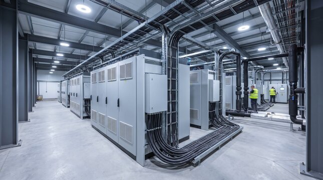 Industrial Electrical Room with Server Racks and Cables