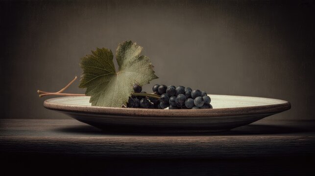 Cluster of dark grapes on wooden board, vineyard harvest and wine concept
