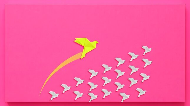 A single yellow origami bird leading a flock of white paper birds on a bright pink canvas background, representing leadership, success, individuality, and uniqueness in a business concept.