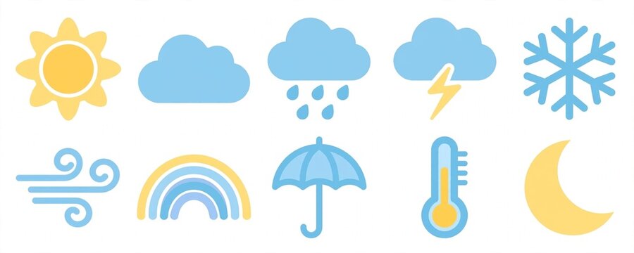 Set of ten simple flat weather icons on white background including sun cloud rain snow and rainbow