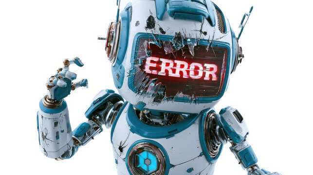 Robot with broken screen display showing error message glitch for