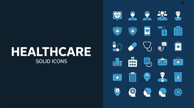 Healthcare Solid Icon Set with Medical and Hospital Symbols